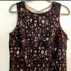 Max Studio black lace over tan sheath, tasteful sequins, cocktail dress
